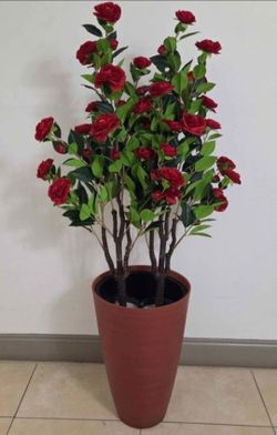 PAIR of 44" Faux Red Camellias in a 22" Sienna Resin Planter @ Lasting Creations