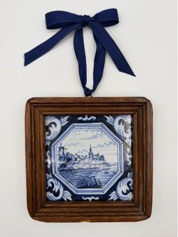 Vintage Framed Hand Painted Blue Delft Tile by Westraven Utrecht with Blue Ribbon
