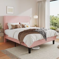 Allewie Full Size Upholstered Bed Frame with Vertical Channel Tufted Headboard, Soft Corduroy Fabric Platform Bed, Pink
