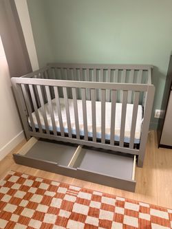 Gray Baby Crib with Storage Drawer + memory foam mattress