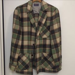 Vintage Pendleton 100% Virgin Wool Plaid Blazer Jacket Green Beige Black Size L