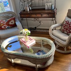Wicker Patio Set – 2 Chairs + Glass Coffee Table (Swivel/Rocking)
