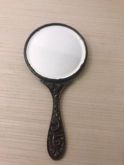Vintage Hans Jensen Denmark Silverplate Repousse Village Scene Small Hand Mirror