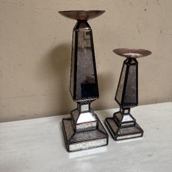 Antiqued Mirrored Obelisk Candleholder Pair