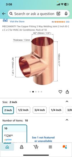 Tee Copper Fitting 3 Way Welding Joint 2 Inch ID C x C x C for HVAC Air Conditioner, Pack of 10