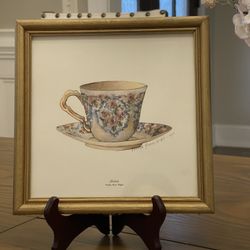 Carolyn Shores Wright 1993 Matted And Framed Tea Cups Water Color Gold Framed