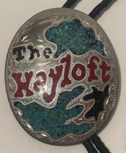 Vintage Metal Bolo Tie, Nice Silver and Crushed Turquoise, The Hayloft, Nice Design, 2 1/2" x 2", Quality, Heavy Duty, Made in USA, Country & Western,
