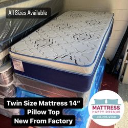 Twin Size Mattress Pillow Top 14” Inches  Excellent Comfort Also Available: Full, Queen And King New From Factory With Its Plastic Same Day Delivery 