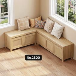 L-Shaped Storage Bench with Flip-Top Seats, Woven Rattan Panels, Corner Window Bench with Hidden Storage, Natural