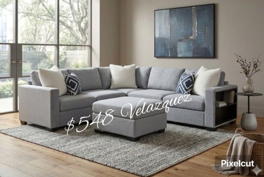 ✅️4 pc grey boucle fabric upholstered sectional sofa with storage arms and ottoman✅️✅️