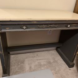 Vintage Distressed Wood Desk Gray with Beige Marble top (Heavy Slab  Not Attached)