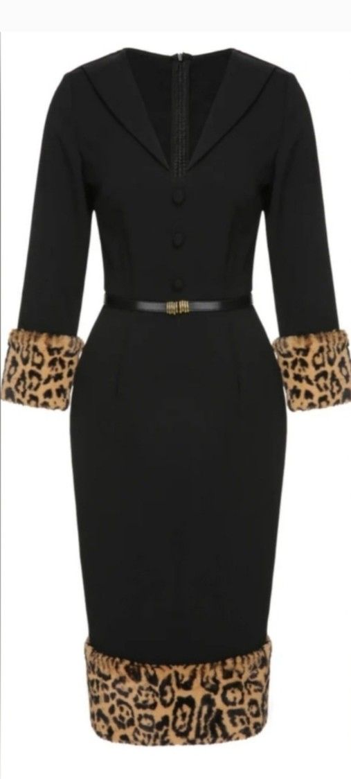 Retro Stage, Black, 1960's Inspired Leopard Plush V Neck Pencil Dress.