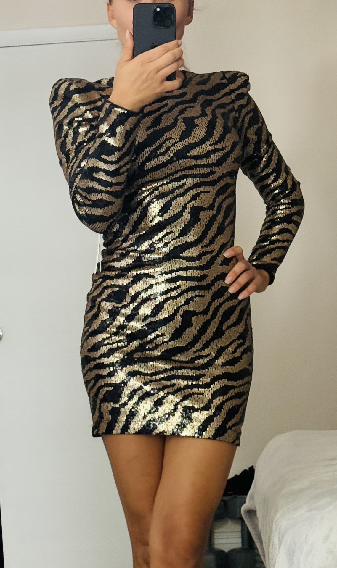 AQUA SEQUIN ZEBRA MININ DRESS Long Sleeve Bodycon BRAND NEW - SMALL