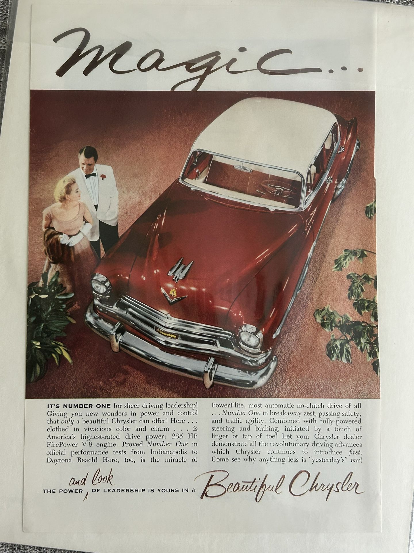 Vintage original Magazine print ad of a 1954 Chrysler Imperial 10” tall by 6-1/2” wide.