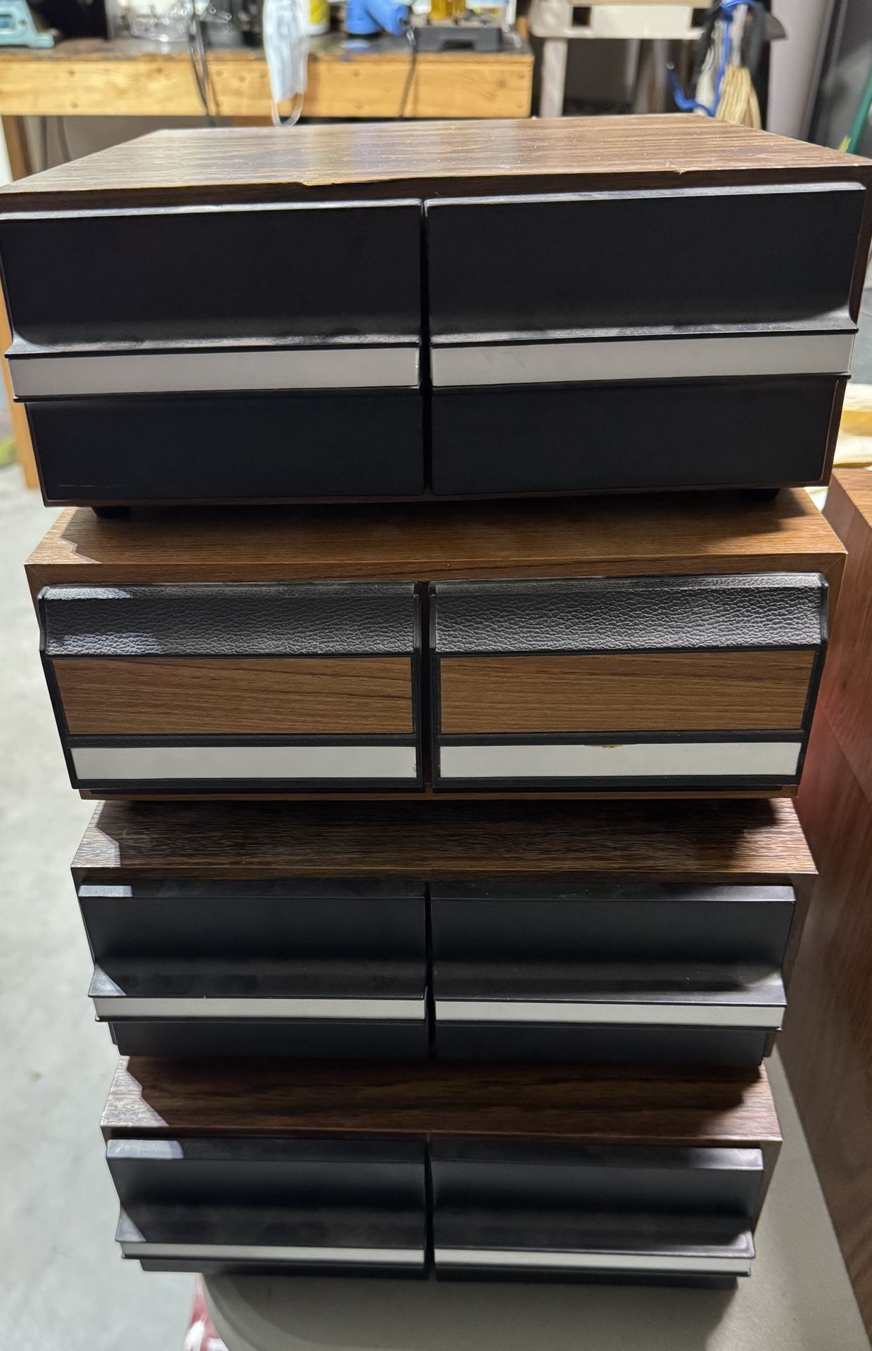 4 dual drawer cassette tape holders with cassettes. Each holds 24 cassettes. Don Henley, journey, Europe, etc..