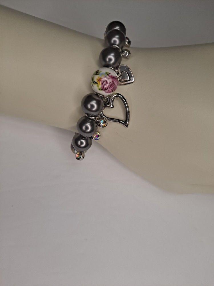 Florat Design Bracelet , Faux White Pearl And Black Metal Beads
