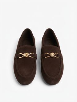 Tahari "Trinity" Brown Suede Loafers with Gold Knot - Size 6.5 M