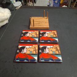 Southwestern Art Tiles, Hand Glazed W/Profile Of Native American Pueblo Woman In Vibrant Colors W/Slotted Wood Stand 4 x 4