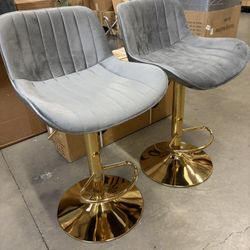 Gold Bar Stools Set of 4，Adjustable Modern Counter Height Stools with Backs,Upholstered Velvet Swivel Bar Chairs for Kitchen Island, Pub, Cafe (Grey)
