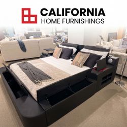 Luxury Contemporary Platform queen Bed, Massage, Bluetooth speakers, USB ports, Flip-up storage on footboard & side
