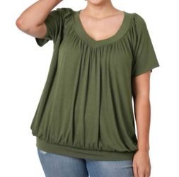 2X ZENANA Flowy Short Sleeves V-neck Shirring Banded Hem Top