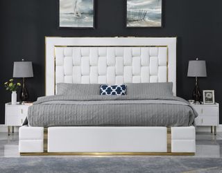 White & Gold Queen Size Bed With Storage Under. Mattress Not INCLUDED 