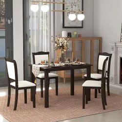 5-Piece Wood Dining Table Set Simple Style Kitchen Dining Set Rectangular Table with Upholstered Chairs