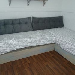 2 twin beds on soild wood box and bookshelf blue