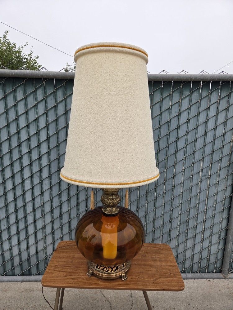 Large Amber Hand Blown Amber Glass and Brass 1970s Vintage Table Lamp