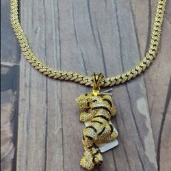 Cubic link chain gold plated Cz with pendant tiger