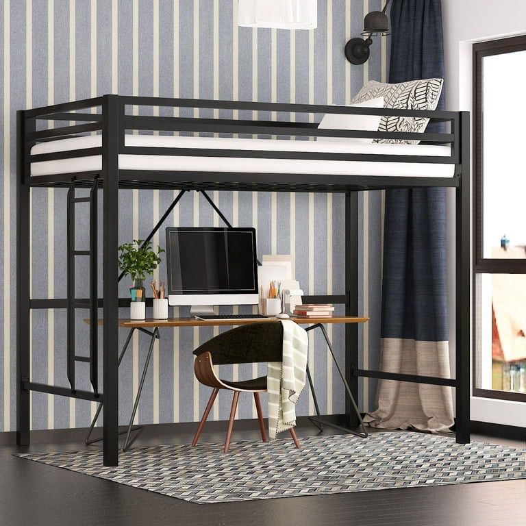 Twin Size Metal Loft Bed with Removable Stair & Safety Guard, Adult & Kid