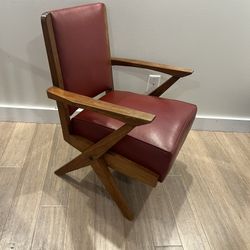 Wood Arm Chair With X Legs And Red Leather Upholstery 