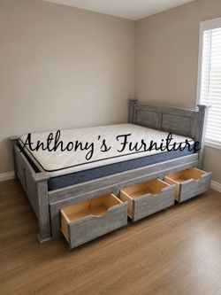 Queen bed and mattress with drawers