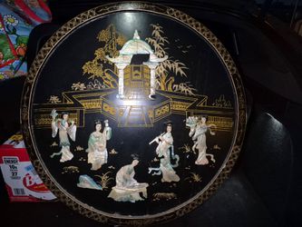 29.5" Vintage Chinese Black Lacquer Round Panel