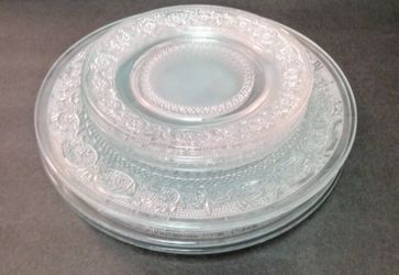 Vintage KIG Malaysia Fleur De Lis Trellis Pressed Glass Plates