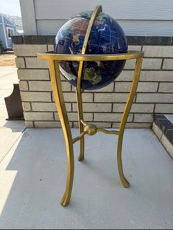 Vintage Blue Gemstone World Globe Brass Stand 37” Lapis Jade Coral Turquoise