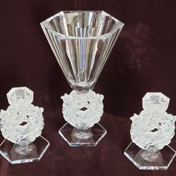 3 piece Lalique Mesanges Vase and Candle Holders