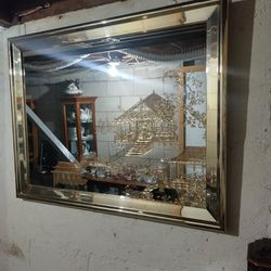 Vintage Gold Asian Hollywood Regency Framed Etched Wall Mirror Decor