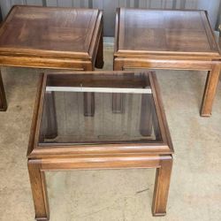 Set of 3 mid century small side tables 1 with glass 1 21x21x16