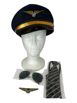 New Pilot Costume: Pilot Kit with Aviator Hat Sunglasses Tie for Airline Captain Aviation