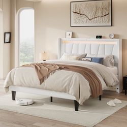 Queen Size LED Bed Frame with Charging Station, Velvet Upholstered Platform Bed with Geometric Wingback Headboard, White