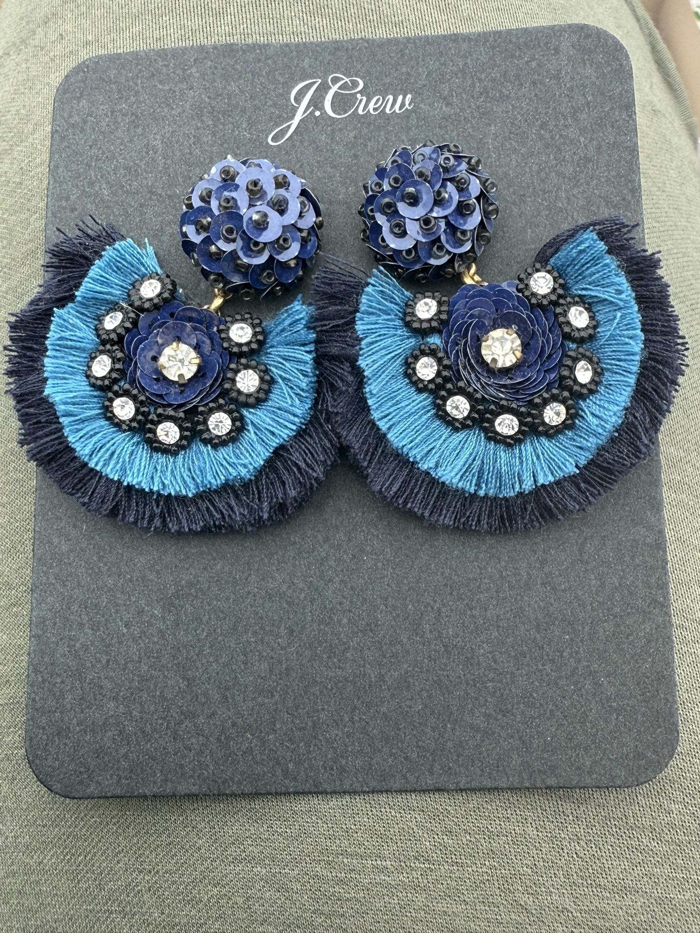 J.Crew Statement Earrings Blue Sequin Fringe Crystal Beaded Drop Dangle