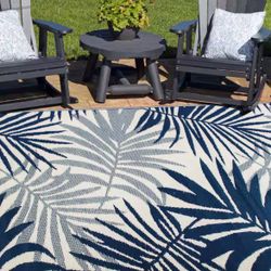 Hawaii Navy 3 ft. x 5 ft. Modern Floral Reversible Plastic Outdoor Area Rug