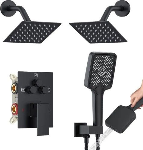 Bathtub Shower System 6-Inch Dual Overhead Rain Showers with 3-Function Handheld Showerhead & Power Jet | Complete Set with Diverter Valve (Matte Blac