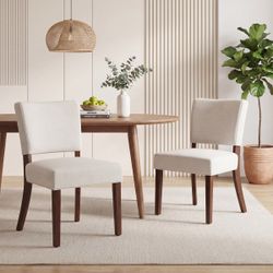 Brand New Set of 2 Upholstered Dining Chairs – Beige / Cream & Walnut Wood Legs