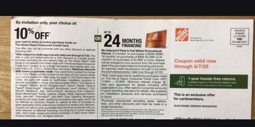 .  10% Off Home Depot Coupon .Max discount $200 Must use Home Depot Credit Card. In-store or online purchase. I can send