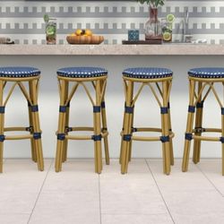 PURPLE LEAF Patio Round Counter Height Stool Set of 4 Outdoor Backless Barstools Aluminum Frame in Bamboo Finish with Navy Blue&White Woven Rattan for