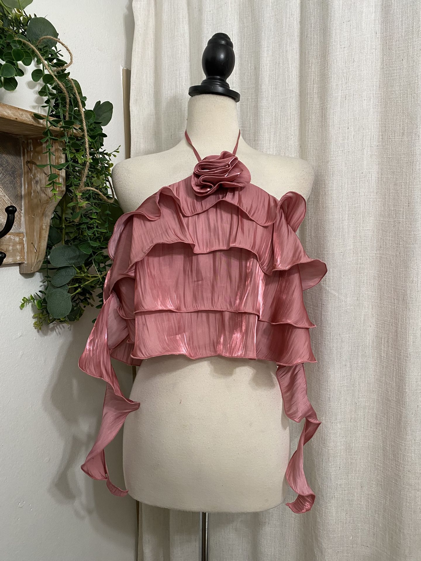 Wild Fable Satin Ruffle Rosette Halter Top