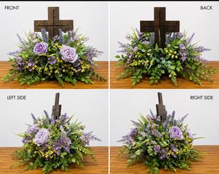 Purple Flower Arrangement with Wooden Cross