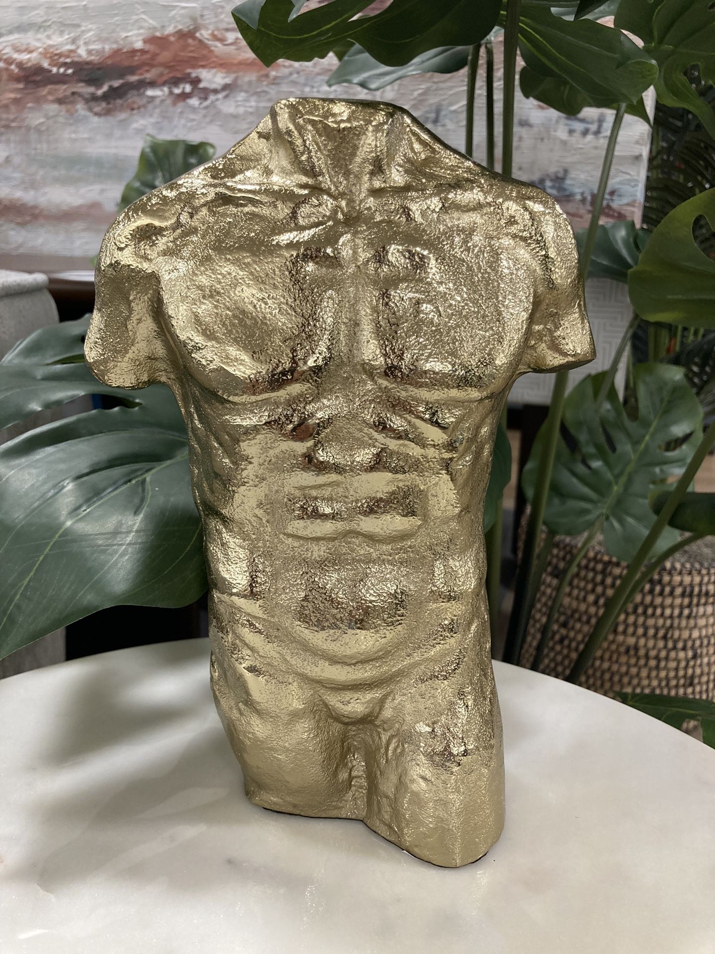 10” Solid Brass Gold Nude Male Torso Statue. Heavy Metal. Well Made Drexel Heritage Coffee Table Or Desk Top Sculpture.